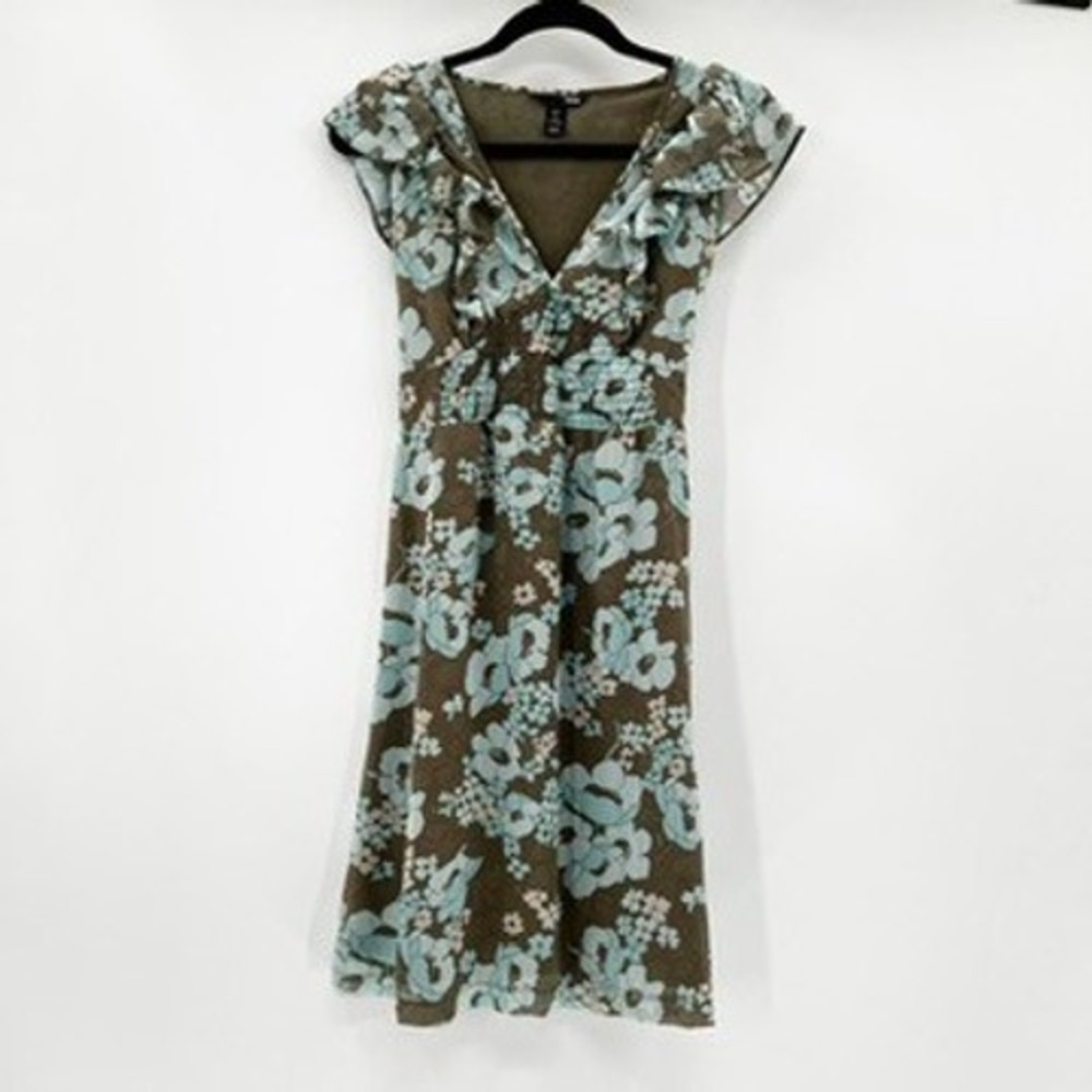 H&M Women's Brown Floral Ruffle‎ Sleeve V Neck Knee Length Dress US 4